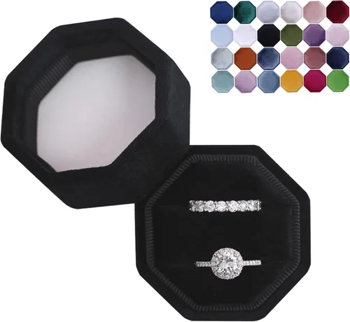 BLUTETE Caja de terciopelo con 2 ranuras para joyería, caja de compromiso, boda, caja de recuerdo, anillo de foto nupcial, octágono de doble ranura