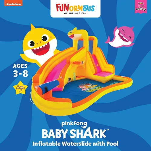 Miniatura 4 de Funormous Baby Shark - Casa de rebote con tobogán húmedo o seco, tobogán acuático inflable Pink Fong, diversión de tobogán acuático curvo