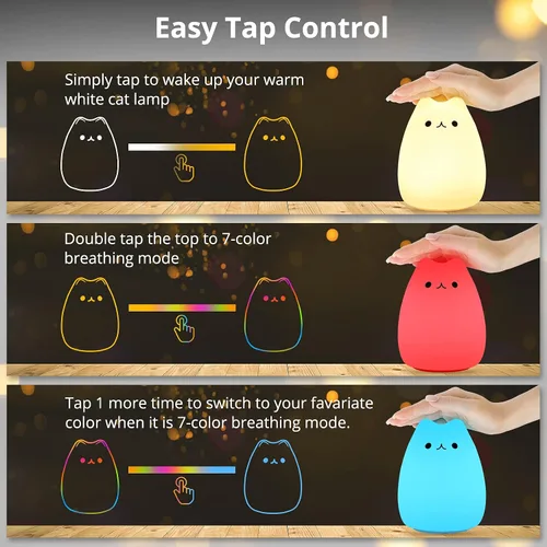Miniatura 7 de Lámpara LED de mesilla de noche con forma de gato, multicolor silicona suave para habitación del bebé, control, blanco cálido y 7 modos de luz