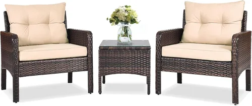 RELAX4LIFE Juego de muebles de patio de 3 piezas, juego de conversación de mimbre de ratán PE para exteriores con mesa de centro de cristal y Beige