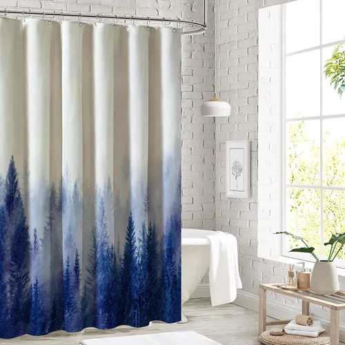 Miniatura 3 de ORTIGIA Cortinas de ducha de lino con diseño de bosque brumoso para baño, cortina de ducha de bosque natural azul, cortina de baño con textura