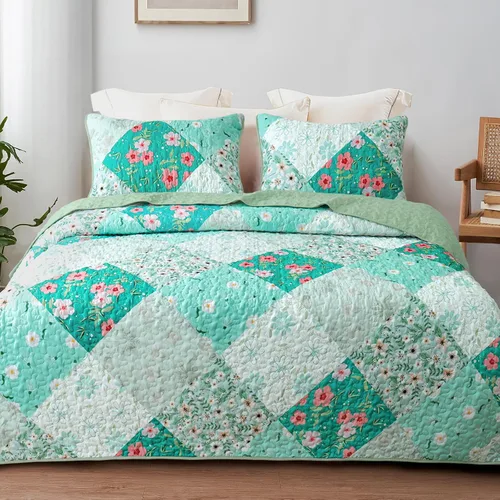 Miniatura 16 de Whale Flotilla Colcha de retazos tamaño individual, colcha floral bohemia extra suave para cama, reversible, ligero, juego de ropa de cama con 1 Azul
