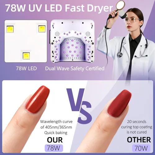 Miniatura 5 de Lámpara de uñas LED UV recargable de 78 W para uñas de gel, secadora de uñas inalámbrica con soporte telescópico oculto para manos y pies, batería