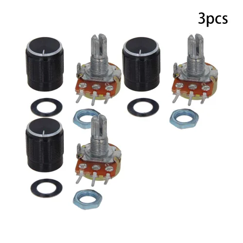 Miniatura 4 de Heyiarbeit Potenciómetro de película de carbono WH148 de 100 K Ohm, potenciómetro giratorio de una sola vuelta con pomos negros, 3 pines, 0.591 in