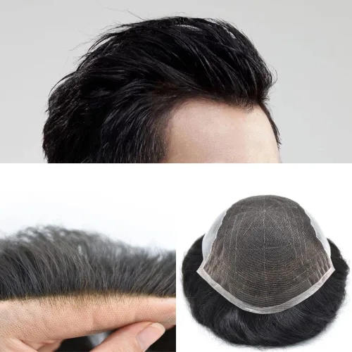 Miniatura 98 de Toupee - Sistemas de reemplazo de cabello para hombre, encaje frontal suizo, nudo blanqueado, pieza de cabello humano natural 1# negro azabache, 8 x