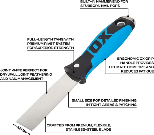 Miniatura 2 de OX Tools P013203 Cuchillo de masilla de grado profesional, hoja de acero inoxidable flexible, mango de agarre cómodo, extremo de martillo de metal