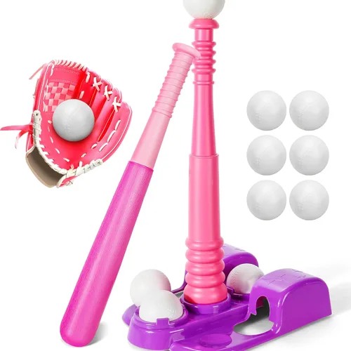TOY Life Juego de pelota en T para niños de 3-5, 5-8, juego de béisbol para niñas, juegos de soporte de pelota en T con guante de béisbol, camiseta