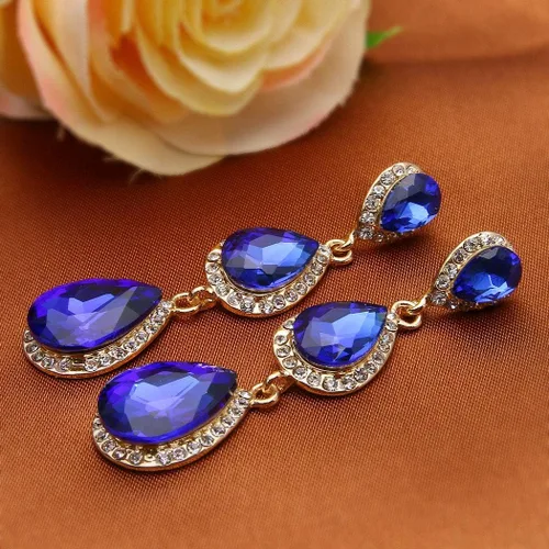 Miniatura 106 de EleQueen Pendientes de cristal austriaco en tono dorado para mujer, forma de pera de 2.5 pulgadas, color esmeralda