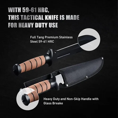 Miniatura 3 de Leopcito Cuchillo táctico de combate de hoja fija de 13.6 pulgadas con funda, acero inoxidable de supervivencia para caza bushcraft con mango Marrón
