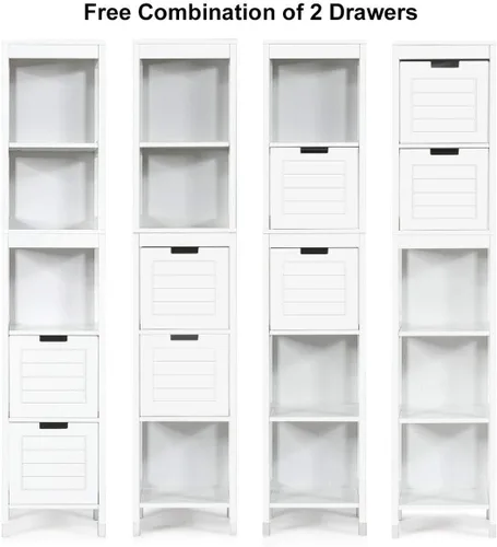 Miniatura 5 de GLACER Armario alto de baño, armario de almacenamiento de piso de madera con tres estantes abiertos y dos cajones, equipado con accesorios