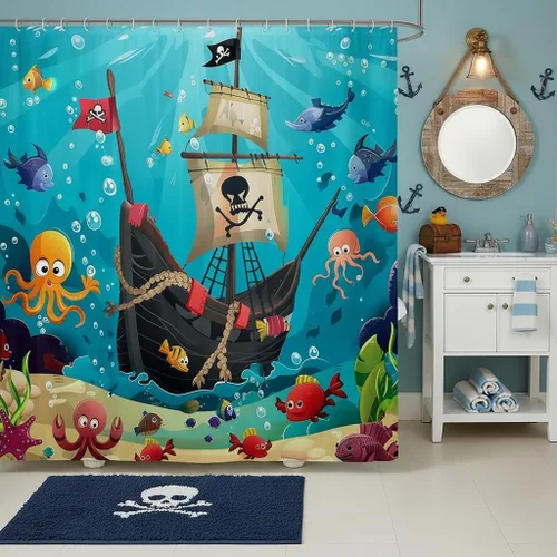 Miniatura 9 de Cortina de ducha de barco pirata de dibujos animados, 72 pulgadas de ancho x 72 pulgadas de largo, bonito sombrero pirata, bandera de calavera