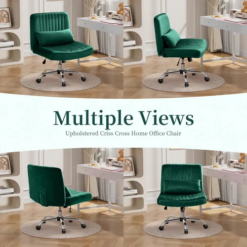 Miniatura 9 de Warmiehomy Silla de oficina cruzada de terciopelo con ruedas, silla de escritorio de lujo con patas cruzadas para dormitorio, silla de computadora