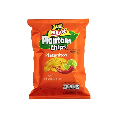 Mayté Chips de plátano – Limón chile, 30 paquetes individuales (3 onzas cada uno) – Sin OMG, sin gluten, aperitivos saludables – Sin conservantes ni