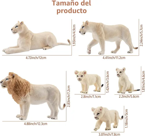 Miniatura 2 de Toymany 6 piezas de figuras de leones blancos con cachorros de león, figuras de animales de la selva de 2-5 pulgadas, conjunto familiar realista que