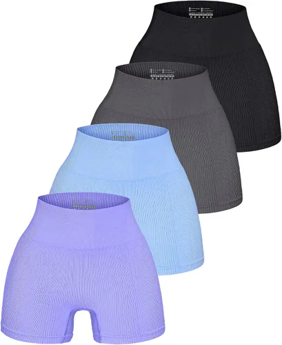 LZYVOO Pantalones cortos de entrenamiento de 4 piezas para mujer, cintura alta, acanalados, sin costuras, pantalones cortos de ciclismo de elastano