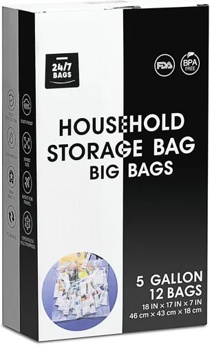 12 bolsas de almacenamiento de plástico extragrandes, 5 galones, cero BPA, sello de doble cremallera, 3 mils de grosor, asa de transporte de doble