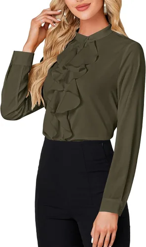 Miniatura 3 de LYANER - Blusa de cuello alto con botones, volantes en el frente, manga larga, camisa de trabajo para mujer