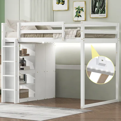 Miniatura 14 de Cama tipo loft de tamaño individual con escritorio en forma de L y 3 cajones, marco de cama de madera con escalera y armario de almacenamiento
