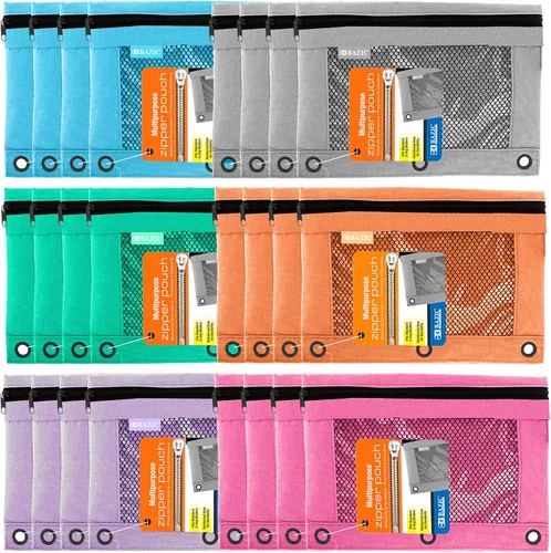 BAZIC PRODUCTS Estuche para lápices de 3 anillos con agujeros de anillos reforzados con remaches, bolsa de malla de color pastel con cremallera para