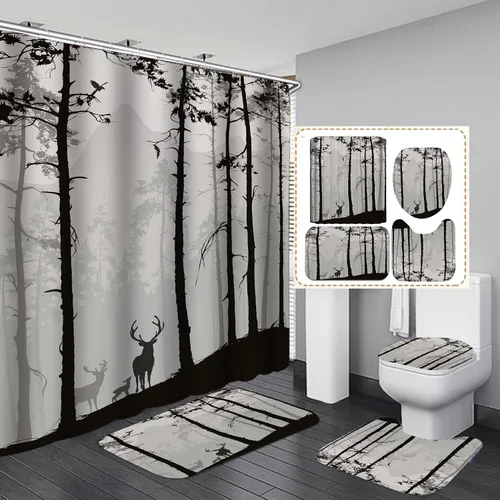 Miniatura 12 de Jayden Madge - Juego de 4 cortinas de ducha de granja verde salvia, búfalo marrón, retazos, bosque, montaña, ciervo, oso negro, estampado de patas