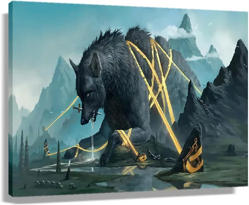 Pintura artística de lobo nórdico Fenrir para pared, decoración estética contemporánea, impresiones en lienzo giclée, decoración de pared para sala