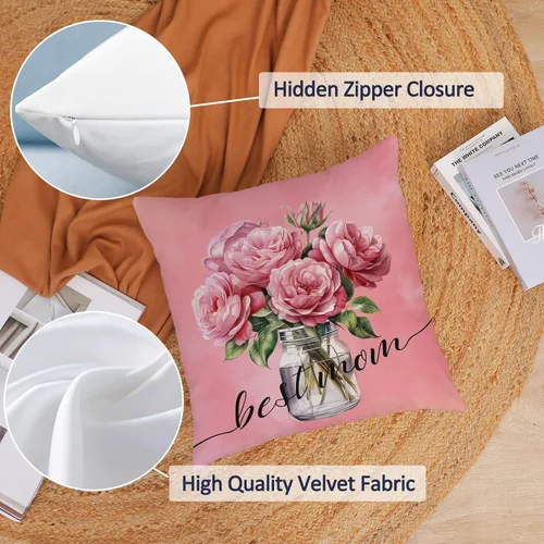Miniatura 3 de Juego de 4 fundas de almohada para el Día de la Madre de 26 x 26 pulgadas, fundas de almohada de terciopelo para mamá, fundas de cojín florales