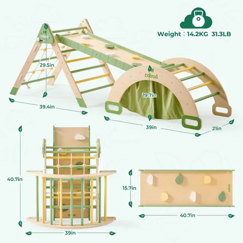 Miniatura 8 de ROBUD Juego de Triángulo Pikler 7 en 1, juguetes plegables de escalada de madera para niños pequeños, juego de escalada plegable Montessori con red
