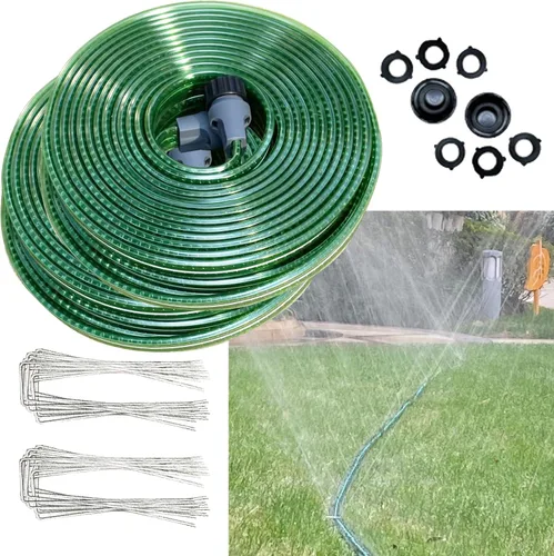 SECBULK Manguera de riego plana de 100 pies (50 pies x 2 para riego de césped, manguera de remojo de jardín con agujeros, manguera de agua ligera