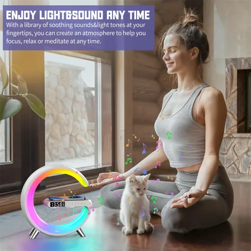 Miniatura 3 de Lámpara de mesa LED inteligente 4 en 1, reloj despertador, cargador inalámbrico, luz nocturna, altavoz Bluetooth con control de aplicación, lámpara