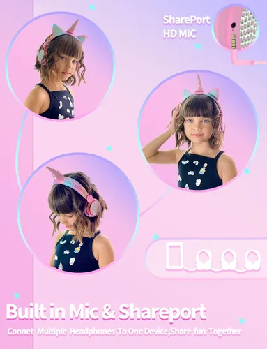 Miniatura 4 de Auriculares estilo unicornio para niños con micrófono, ideales para la escuela/viajes, limitador de volumen de 95 dB, Shareport, auriculares
