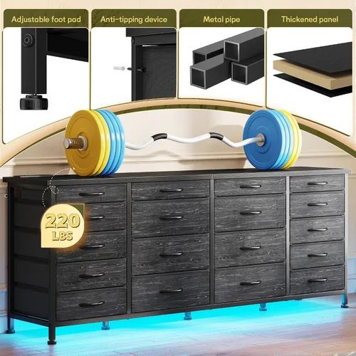 Miniatura 7 de EnHomee - Soporte de TV negro de 63 pulgadas de ancho para sala de estar, 18 cajones, LED y carga Long Dresser for 65"-75" TV, Deep Drawer