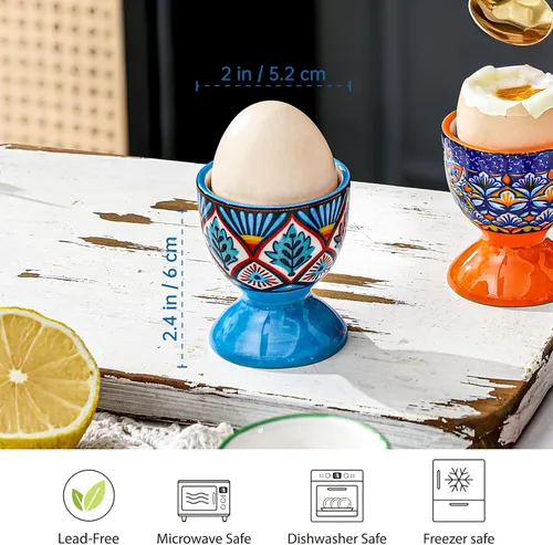 Miniatura 2 de HENXFEN LEAD Juego de 6 vasos de cerámica boho para huevos coloridos para huevos duros y suaves, aptos para microondas y lavavajillas, perfectos