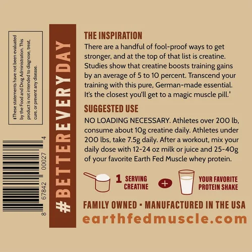 Miniatura 9 de Earth Fed Muscle Monohidrato de creatina en polvo, 10.58 oz, 60 porciones Creatina alemana Creapure para fuerza, potencia y crecimiento muscular
