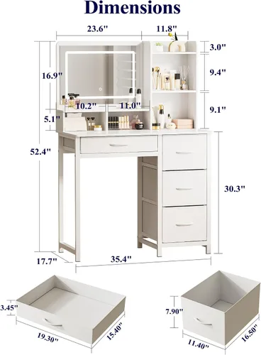 Miniatura 2 de Kitsure Escritorio de tocador con espejo y luces, tocador de maquillaje de gran capacidad con 4 cajones de almacenamiento de tela y 3 modos