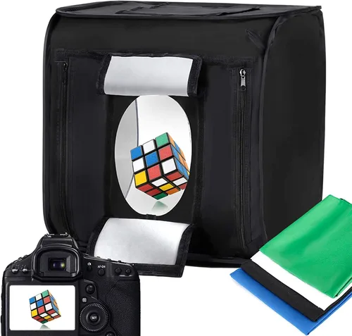 Caja de luz de estudio fotográfico de 16 x 16 pulgadas para fotografía con luces LED, tiendas de campaña portátiles con 4 telones de fondo (negro,