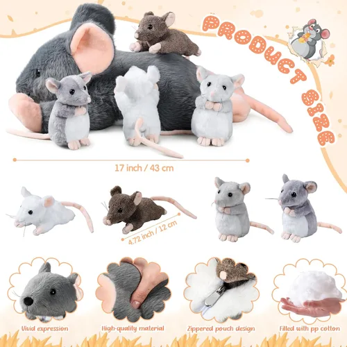 Miniatura 2 de Arrowbash - 5 piezas de animales de peluche de ratón con bebés, peluche de rata mamá de 14 pulgadas con 4 ratones pequeños en el abdomen