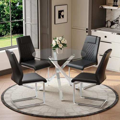 Miniatura 24 de Juego de mesa de comedor redonda para 6, juego de mesa de comedor de vidrio de 39 pulgadas con base de metal ajustable dorada en forma de X y 6