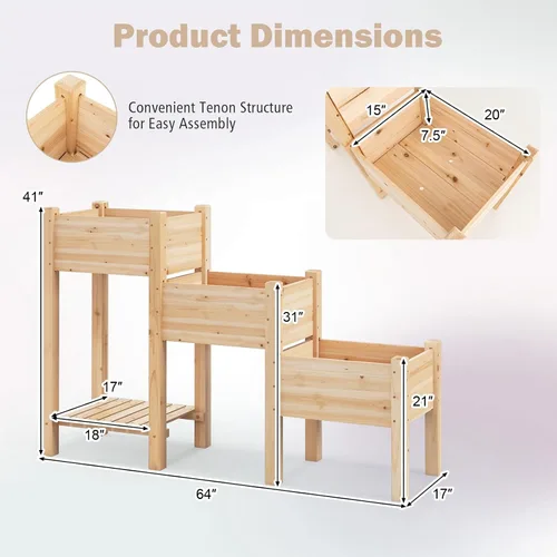 Miniatura 8 de Giantex Juego de 3 camas de jardín elevadas, jardinera de madera con estante de almacenamiento, camas elevadas para frutas, verduras, flores, Natural