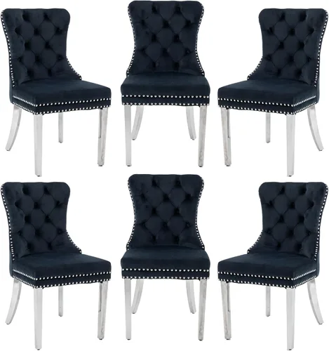 Miniatura 22 de Juego de 2 Sillas de Comedor, Sillas de Terciopelo Acolchado con Patas Modernas de Acero Inoxidable, Ribete de Remaches con Anilla Metálica