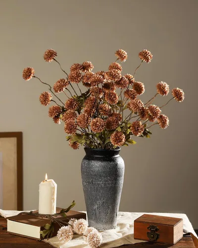 Miniatura 5 de DuHouse 6 piezas de flores artificiales de seda falsa pompón, mini rosa falsa pequeña con tallos para ramos de bodas, centros de mesa, jarrones, Café