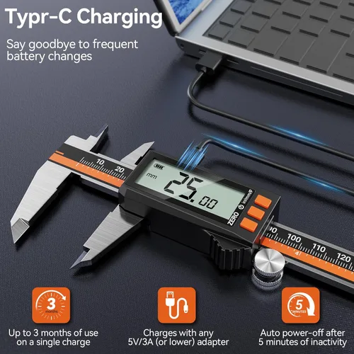 Miniatura 2 de Preciva Calibre Digital - Micrómetro Recargable de Acero Inoxidable con Protección IP54 Apagado Automático, Pantalla LCD Grande y Conversión