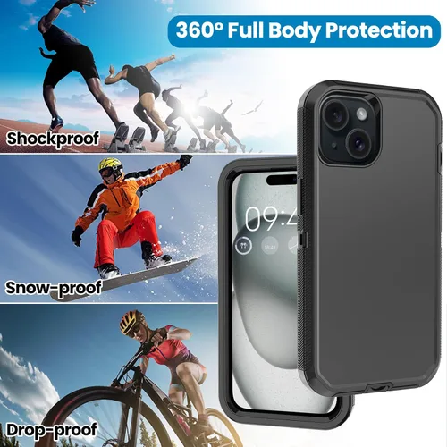Miniatura 6 de Funda para iPhone 15 con 2 Protectores de Pantalla, Protección Contra Caídas a Prueba de Golpes, Cuerpo Completo, Uso Pesado, 3 Capas, Militar