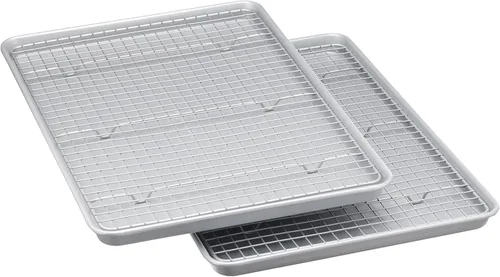 Miniatura 9 de Amazon Basics Juego de bandeja para hornear de cerámica antiadherente y rejilla de enfriamiento, sin tóxicos, tamaño de media hoja - 1 paquete, gris