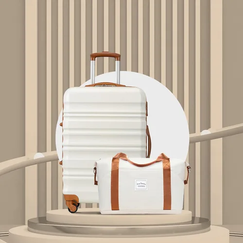 Miniatura 2 de LONG VACATION Juego de equipaje de 4 piezas de ABS hardshell TSA Lock Spinner Ruedas equipaje de mano en maleta, Blanco (White-Brown), Abs Hardshell