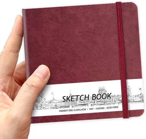 Miniatura 28 de Cuaderno de bocetos de bolsillo cuadrado de tapa dura de cuero PU de 5" x 5", 58 hojas de papel beige Dowling de 150 GSM, libro de bocetos de arte