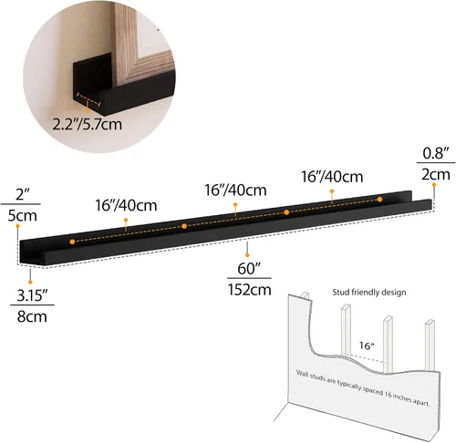 Miniatura 3 de Wallniture Denver - Juego de 2 repisas para fotos de 60 pulgadas para decoración de sala de estar, estantes flotantes largos negros para comedor
