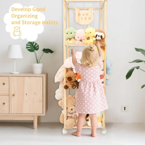 Miniatura 3 de Organizador de zoológico de almacenamiento de animales de peluche, soporte alto de torre de madera para juguetes de peluche grandes, exhibición