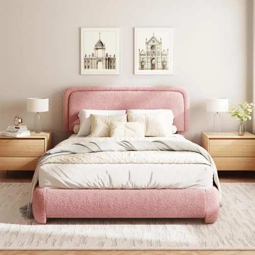 Miniatura 12 de Base de cama Boucle tamaño King, plataforma tapizada en nube con cabecero ajustable en altura y esquinas redondeadas suaves, no necesita somier, sin