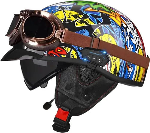 Miniatura 7 de Casco de cara abierta con Bluetooth para hombres y mujeres, casco retro de estilo alemán con diseño de calavera, visera con gafas, casco de media