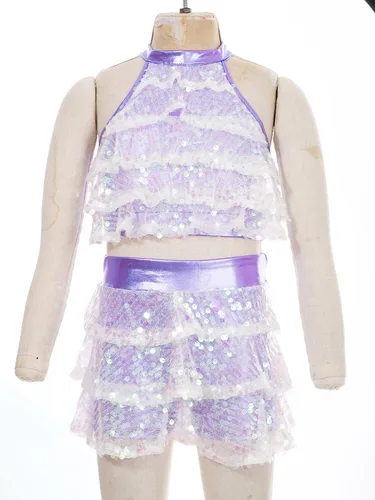 Miniatura 17 de JEATHA Top corto con borlas y lentejuelas brillantes para niñas, con minifalda, jazz latino, salsa, samba, rumba, baile